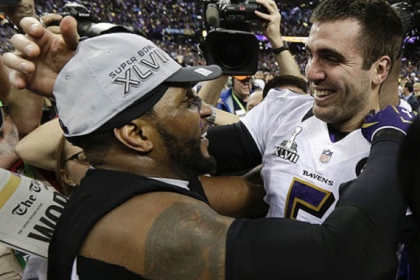 Baltimore Ravens linebacker Ray Lewis, left, and quarterback Joe Flacco celebrate their 34-31 win against the San Francisco 49ers in Super Bowl XLVII.