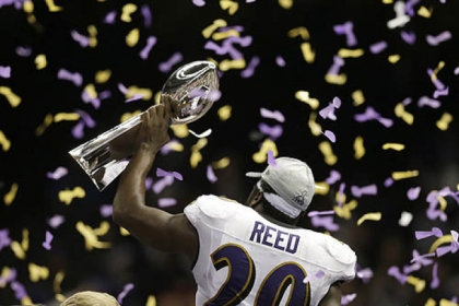 Ravens safety Ed Reed holds the Vince Lombardi Trophy after defeating the 49ers, 34-31, in the Super Bowl Sunday in New Orleans.