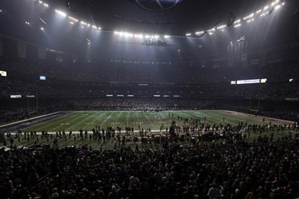 Half the lights are out in the Superdome during a power outage in the second half of Super Bowl XLVII between the San Francisco 49ers and Baltimore Ravens in New Orleans.