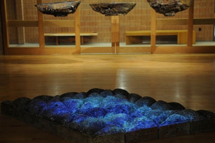 "Foothills II" (foreground) and "Hanging Boat" installations by Barbara Sorensen at the Manchester Craftsmen's Guild.
