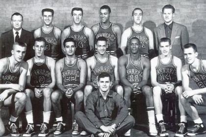 Ralph Leng, far right on the front row, was a member of Duquesne's 1955 NIT championship team. While mostly a practice player, Mr. Leng was tasked with going up against future NBA No. 1 draft pick Sihugo Green (No. 11), front row.