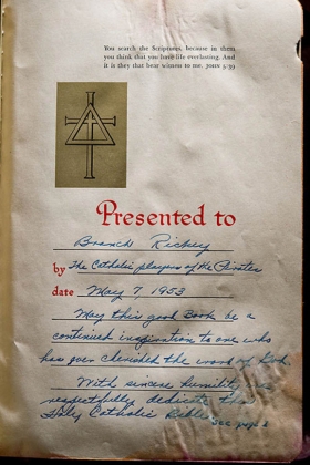 The presentation page of a rare Bible autographed by the members of the Pittsburgh Pirates baseball team is displayed at the Book Den in Sacramento, Calif.