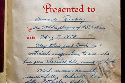 The presentation page of a rare Bible autographed by the members of the Pittsburgh Pirates baseball team is displayed at the Book Den in Sacramento, California.