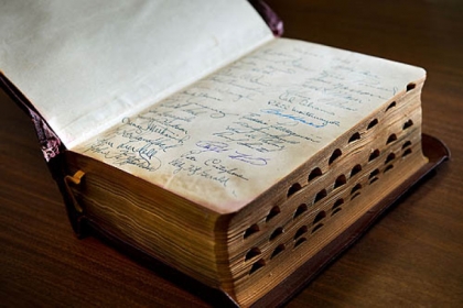 A rare Bible autographed by the members of the Pittsburgh Pirates baseball team is displayed at the Book Den in Sacramento, Calif.