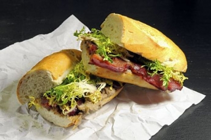 Thin Man Sandwich Shop in the Strip District and their Thin Man Sandwich: with chicken liver mousse and Penn's Corner Bacon.