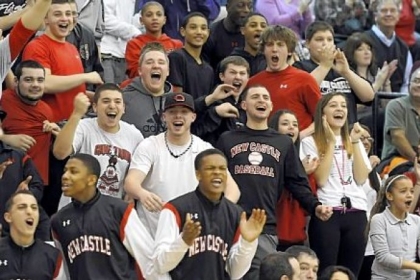 New Castle fans pack the gym as their team takes on Seneca Valley Jan. 29. The Red Hurricanes are 20-0 and ranked No. 1 in WPIAL Class AAAA.