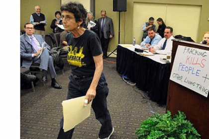 Joni Rabinowitz, a long time Pittsburgh activist, speaks first at  public meeting against drilling for natural gas.