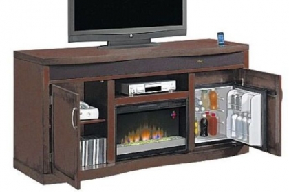 The Twin-Star Classic Flame media console with heat producing fireplace and refrigerator.