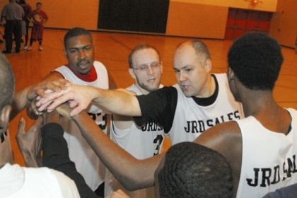 From left, Abdul Marshall, Aaron Yingling and Tim Diez of the Light of Life Rescue Mission team in the New Horizons Sports League basketball at Arlington Rec Center.