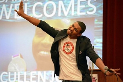 Olympic swimmer Cullen Jones shares the story of how he almost drowned at age 5 to students of Pittsburgh Obama 6-12 School in East Liberty, one of several stops he made in the city on Friday.