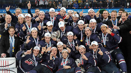 Team USA's players celebrate their victory in a gold medal match against Sweden at  the World Junior Ice Hockey championship in Ufa, Russia, Saturday today.