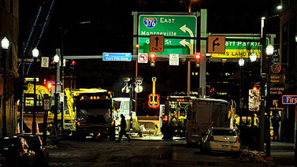 A look along Wood Street at the repair work at Fort Pitt Boulevard.