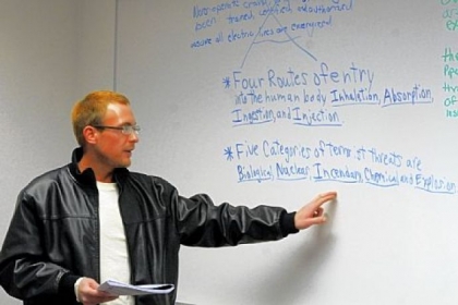 John Jozwiak talks about the five categories of terrorist threats during his Intro to Oil & Gas Operations class.