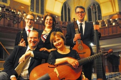 Left front, harpsichordist Andrew Appel and viola da gamba player Patricia Halverson; back; baroque violinist Andrew Fouts, soprano Laura Heimes and lutenist Scott Pauley.