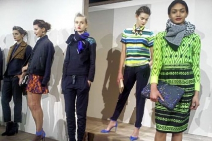 J. Crew's looks for women included lots of sparkles, neons and layering of prints.  J. Crew's looks for women included lots of sparkles, neons and layering of prints.