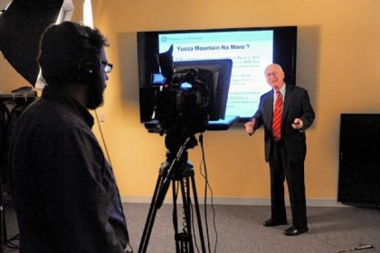 Professor Larry Foulke records "A Look at Nuclear Science and Technology," a free online class being offered by the University of Pittsburgh.