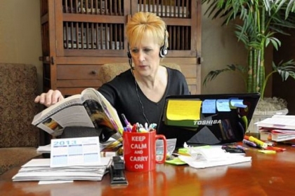 Cynthia Golembiewski works in one of her online classes through Duquesne University at her home in Peters Township. Mrs. Golembiewski is in her third year of her undergraduate degree in organizational leadership totally through online classes.
