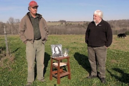 Organic farmer Stephen Cleghorn and Ben Price from Community Environmental Legal Defense Fund, on his goat farm near Reynoldsville, Jefferson County, during the memorial service for Mr. Cleghorn's wife, who recently died of cancer.