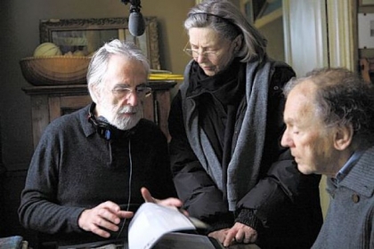 Director Michael Haneke, Emmanuelle Riva and Jean-Louis Trintignant on the set of "Amour."