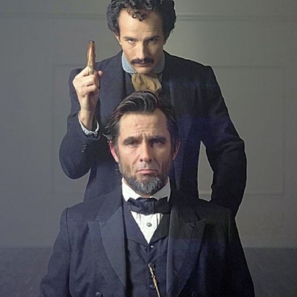 Billy Campbell as Abraham Lincoln and Jesse Johnson as John Wilkes Booth in the National Geographic television film "Killing Lincoln."