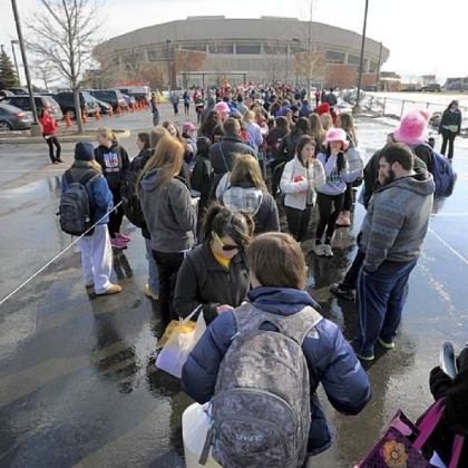 A long line forms Friday outside of the Bryce Jordan Center in State College before the start of the 41st annual Interfraternity Council/Panhellenic Dance Marathon.