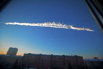 A meteorite contrail is seen Friday over Chelyabinsk, Russia.