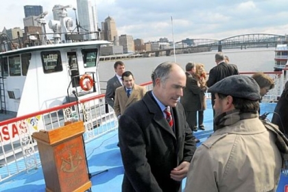 Sen. Bob Casey meets with supporters Friday after announcing he will introduce legislation to provide more money for aging locks and dams.