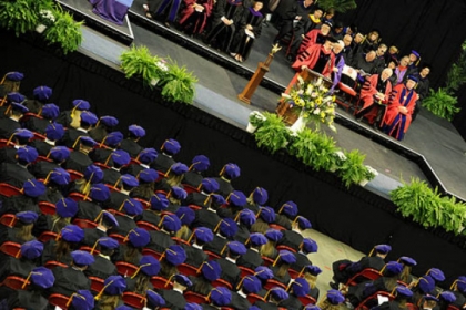 Dean Ken Gormley addresses graduates during the Duquesne University School of Law commencement ceremonies last year at the A.J. Palumbo Center.