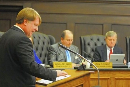 Allegheny County Executive Rich Fitzgerald, left, presents his quarterly address to Allegheny County Council in January.
