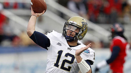 Pitt quarterback Tino Sunseri warms up before the BBVA Compass Bowl against Mississipi.