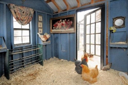 Chicken coop with artwork provides the perfect setting for heirloom and exotic hens to lay their eggs.