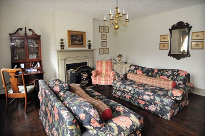 The living room features a fireplace and is flooded with light.