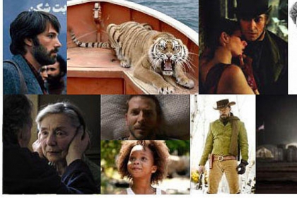 Clockwise from top left: "Argo," "Life of Pi," "Les Miserables," "Lincoln," "Zero Dark Thirty," "Django Unchained," "Silver Linings Playbook" (top), "Beasts of the Southern Wild," "Amour."