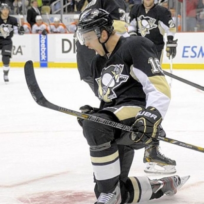 The Penguins' Brandon Sutter celebrates after scoring the tying goal against Flyers goaltender Ilya Bryzgalov in the third period at Consol Energy Center Wednesday night.
