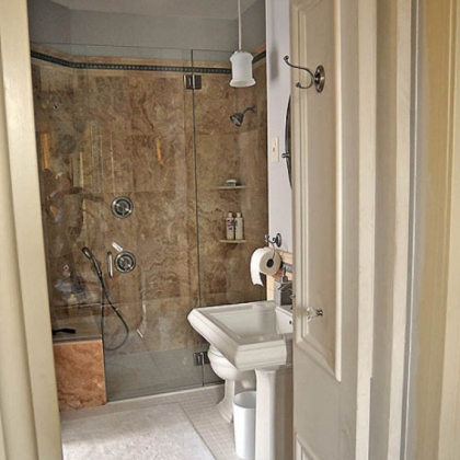 View of the accessible shower in the renovated guest bathroom in the home of Linda and Peter Floyd in Sewickley.