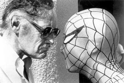 Stan Lee stares down his most famous creation, the Amazing Spider-man.