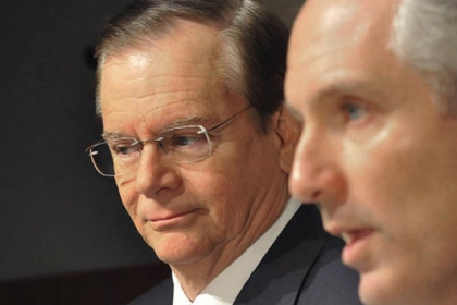 Bill Johnson at a press conference Feb. 14 to announce that H.J. Heinz Co. will be sold, with Alex Behring of  3G Capital at right.