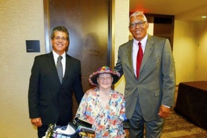 Evelyn Stypula, center, with Gary Shaheen, left, and John J. Clark during the Three Rivers Center for Independent Living dinner at the Fairmont Pittsburgh hotel Downtown on Aug. 30, 2012.