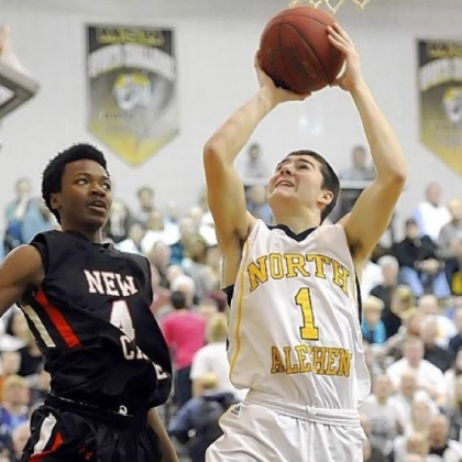 North Allegheny's Sean Hennigan drives to the net against New Castle in January.