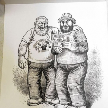 A detail of a drawing by Robert Crumb. Jerry Weber, left, and his son, Willie, of Jerry's Records in Squirrel Hill traded a rare country blues LP to the reclusive underground cartoonist Robert Crumb in exchange for an illustration of the pair.