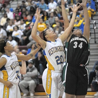 Westinghouse's Brittany Jackson (20) and Allderdice's Nisa Owens (34) reach for a rebound in City League title game.
