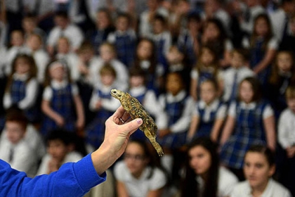 Zoo education specialist Autumn Ellis shows a pancake tortoise to the students.
