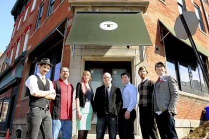 The staff of Tender, a new cocktail lounge in Lawrenceville set to open in March. Left to right: Bartenders Fredrick Arnold, Craig Mrusek and Sarah Clarke; owner Jeff Catalina; bartenders Nathan Lutchansky and Sean Rosenkrans; and general manager Jason Carr.