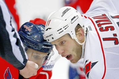 Jordan Staal readies for a faceoff Tuesday night against the Capitals in Washington. Staal has four goals and 15 points in his first season with Carolina.