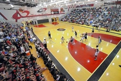 New Castle fans pack the gym as their team takes on Seneca Valley Jan. 29. The Red Hurricanes are undefeated and ranked No. 1 in WPIAL Class AAAA.