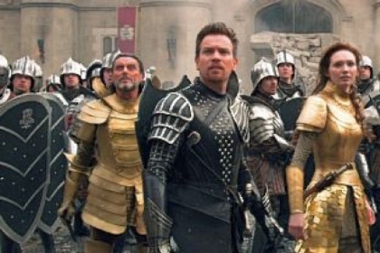 Ian McShane as King Brahmwell, left, Ewan McGregor as Elmont, Eleanor Tomlinson as Isabelle, and Nicholas Hoult as Jack.