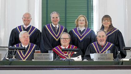 Justices of the the Pennsylvania Supreme Court in 2011, top from left: Seamus P. McCaffery, Max Baer,  Debra McCloskey Todd, Joan Orie Melvin and bottom, from left: Thomas G. Saylor, Chief Justice Ronald D. Castille, and J. Michael Eakin.