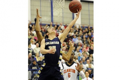 Vincentian's Ryan Wolf drives to the basket against Clairton in the WPIAL class A championship Friday nightat Palumbo Center.