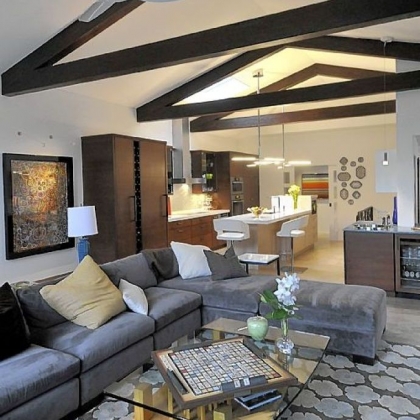 Family room and kitchen area at McQuaide house.