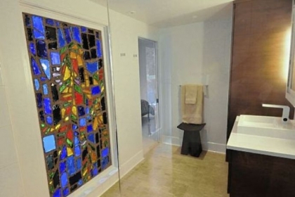 Stained glass in bathroom  at McQuaide house.